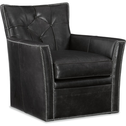 Conner Swivel Club Chair by Hooker Furniture in brown and heavy metal gamma. Made from leather in a traditional style.
