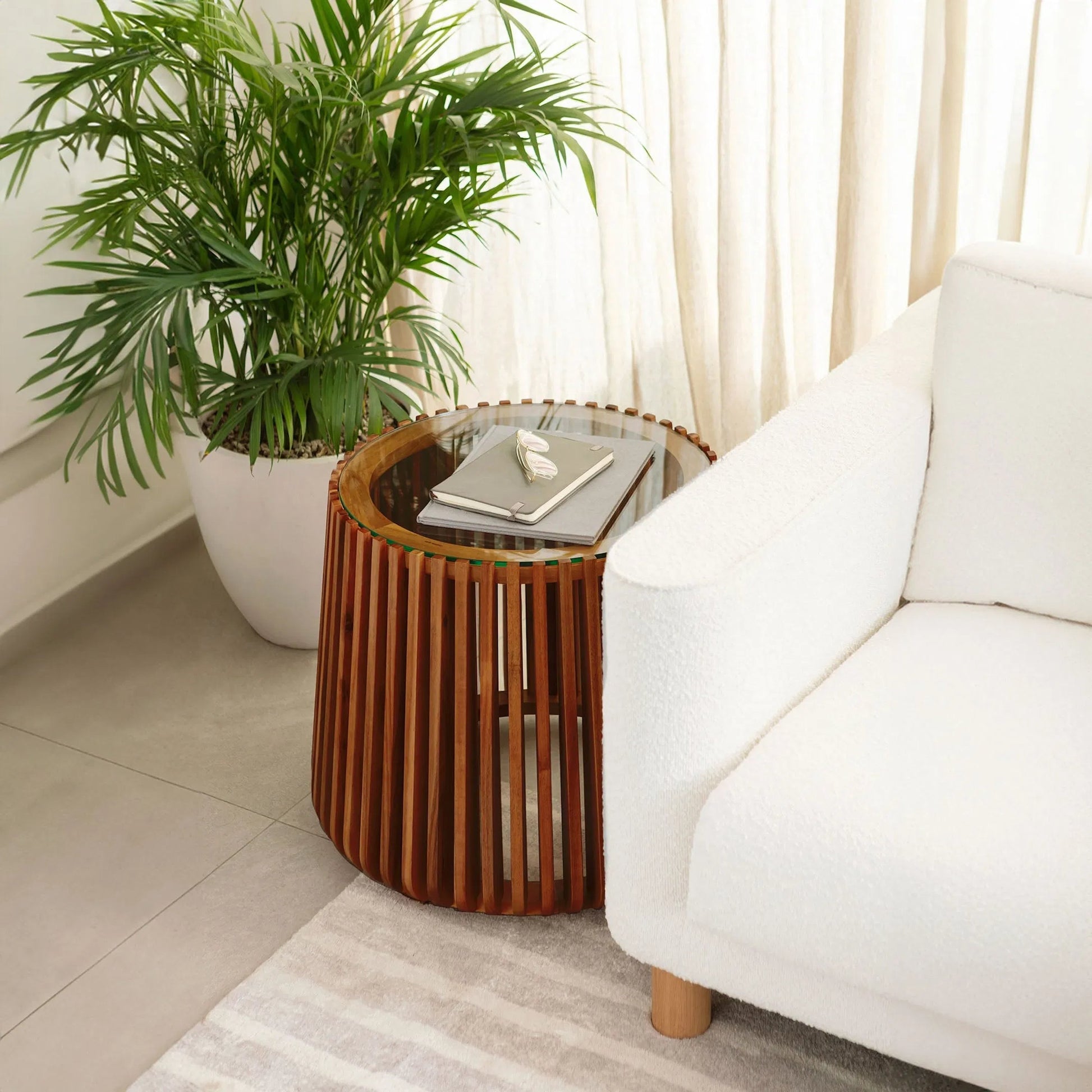 Bungalow Side Table by LH Imports. Made from acacia wood, tempered clear glass in a modern style.