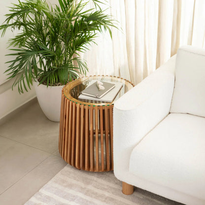 Bungalow Side Table by LH Imports. Made from acacia wood, tempered clear glass in a modern style.