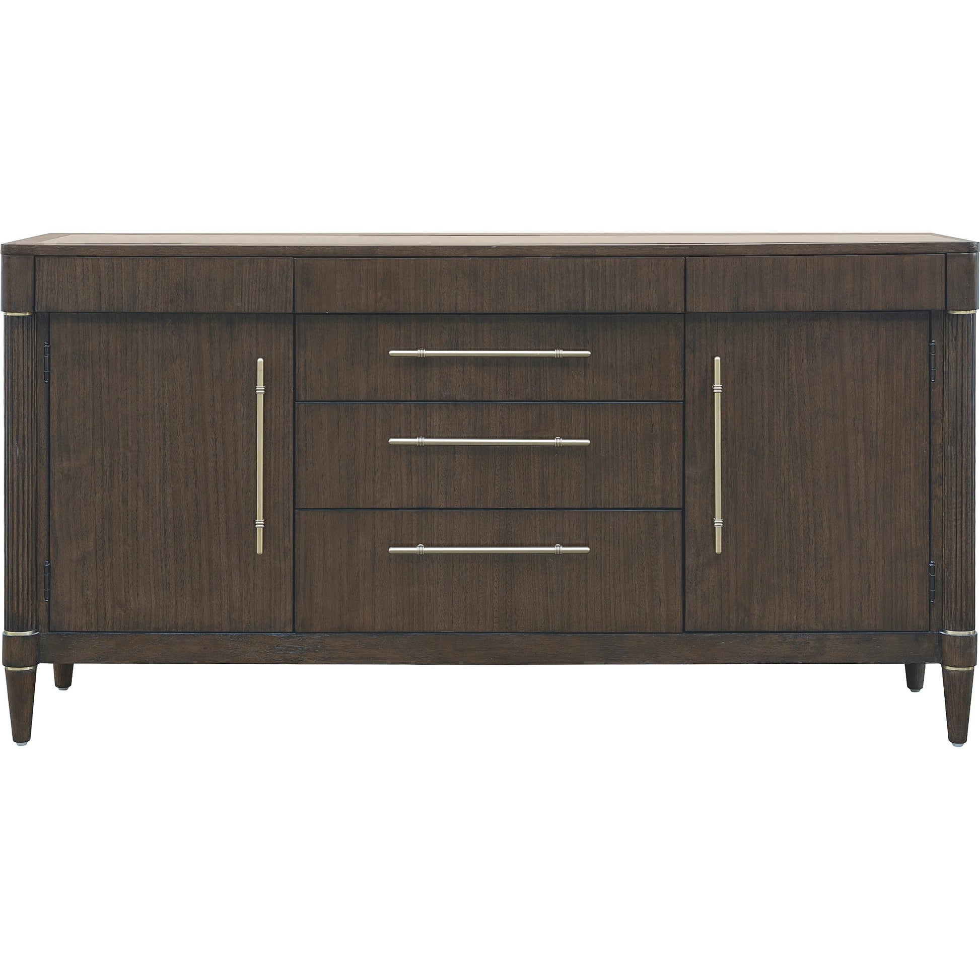 Asher Park Glass Top 2 Door Buffet with Storage Drawers by Pulaski Furniture in piano brown. Made from eucalyptus veneers in a unique style.