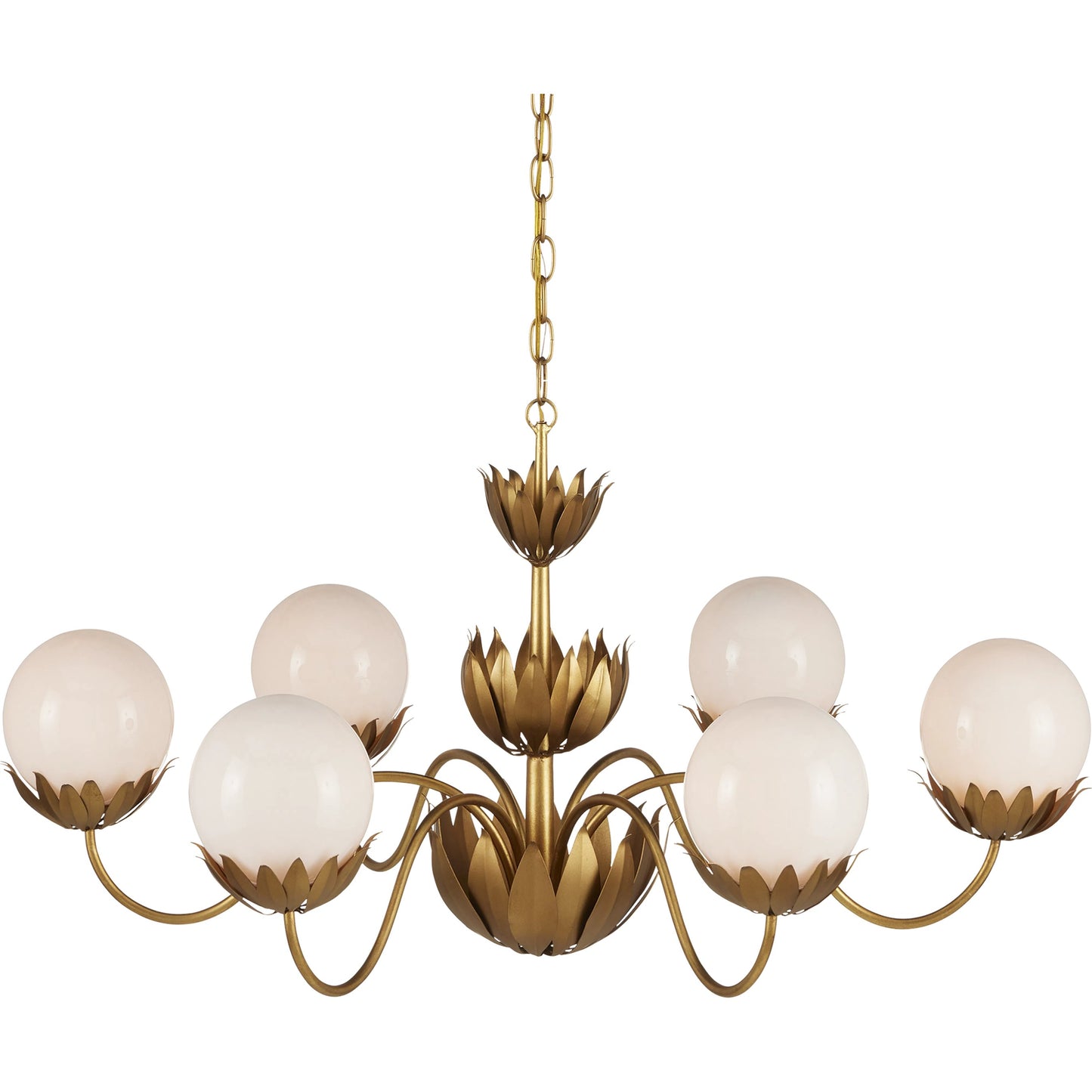 003 SI-2007814 | Additional Silo | Mirasole Chandelier by Currey and Company in contemporary gold leaf, gold, white. Made from wrought iron, glass in a traditional style.