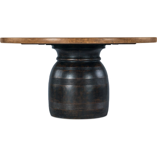 Big Sky Round Dining Table by Hooker Furniture in charred timber, vintage natural. Made from pecky hickory veneers, resin, solid-wood edged top in a traditional style.