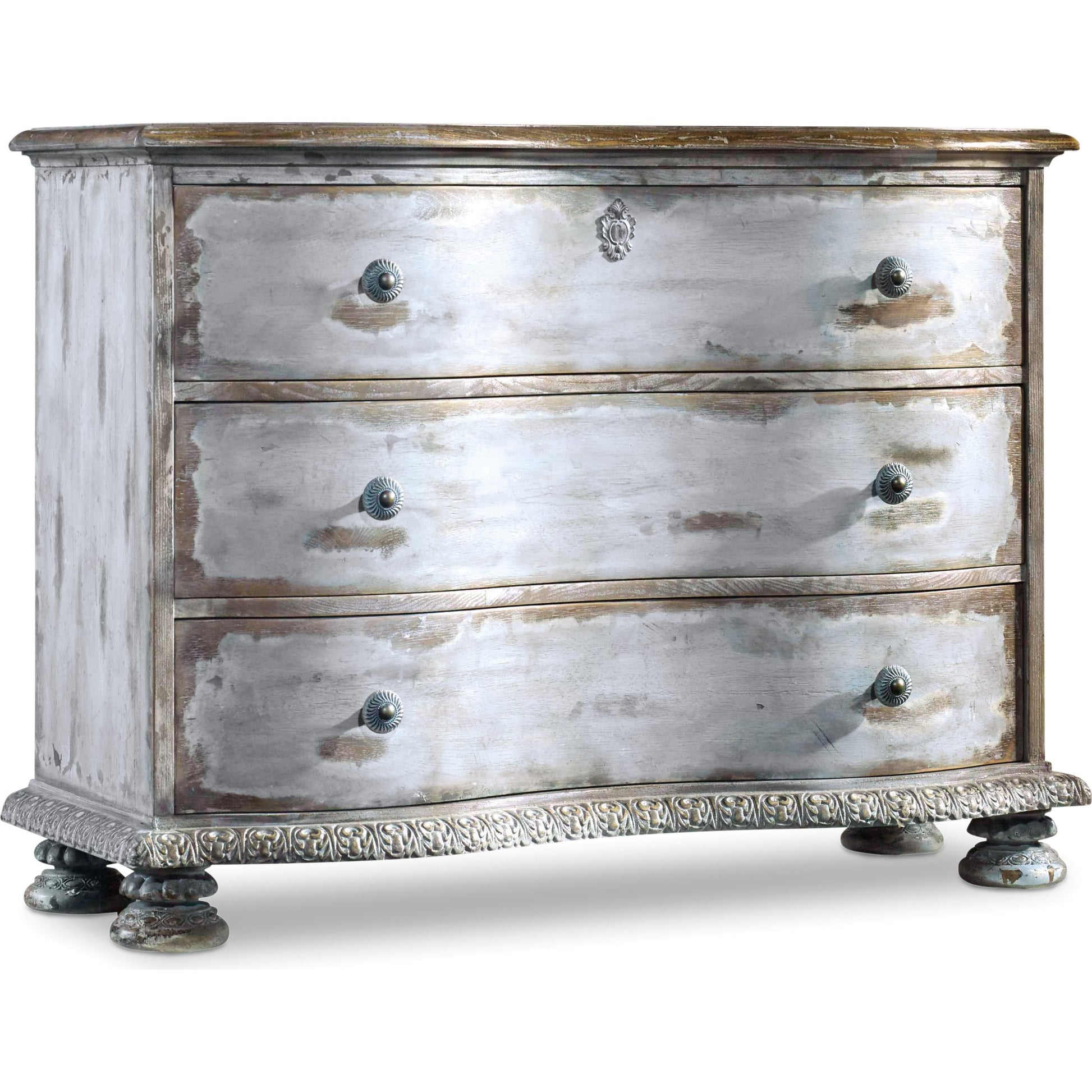 Chatelet Chest by Hooker Furniture in light blue. Made from pecan veneers, resin with solid-wood edge top in a cottage & farmhouse style.