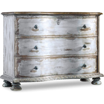 Chatelet Chest by Hooker Furniture in light blue. Made from pecan veneers, resin with solid-wood edge top in a cottage & farmhouse style.