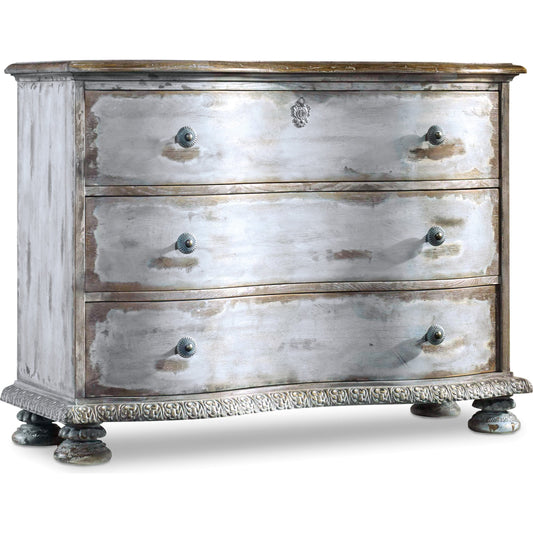 Chatelet Chest by Hooker Furniture in light blue. Made from pecan veneers, resin with solid-wood edge top in a cottage & farmhouse style.
