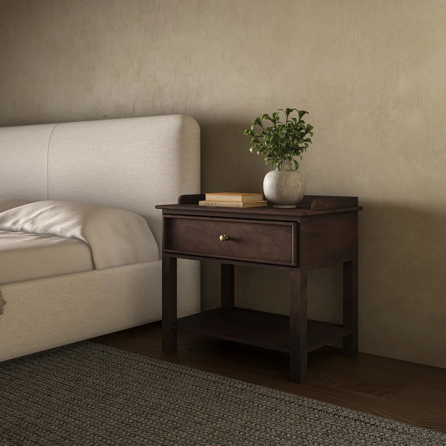 008 SI-2368163 | Lifestyle | Maeve Nightstand by Moe's Home Collection in brown. Made from mango wood, iron in a traditional style.