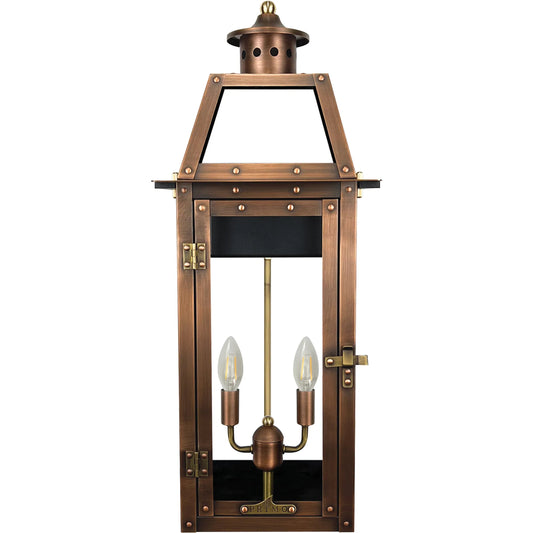 Bienville Electric Lantern by Primo Lighting in aged copper. Made from copper in a cottage & farmhouse style.