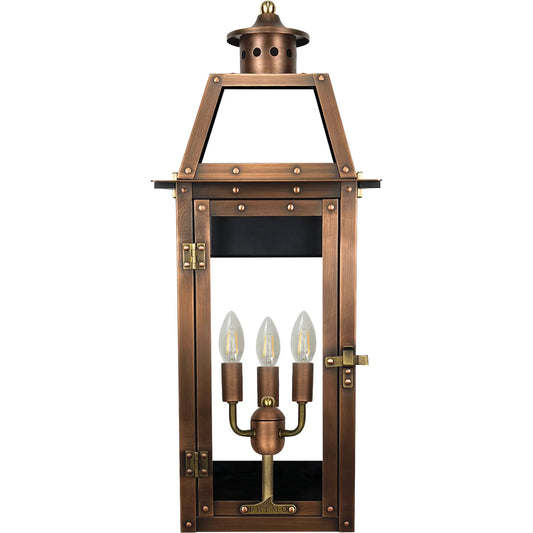 Bienville Electric Lantern by Primo Lighting in aged copper. Made from copper in a unique style.