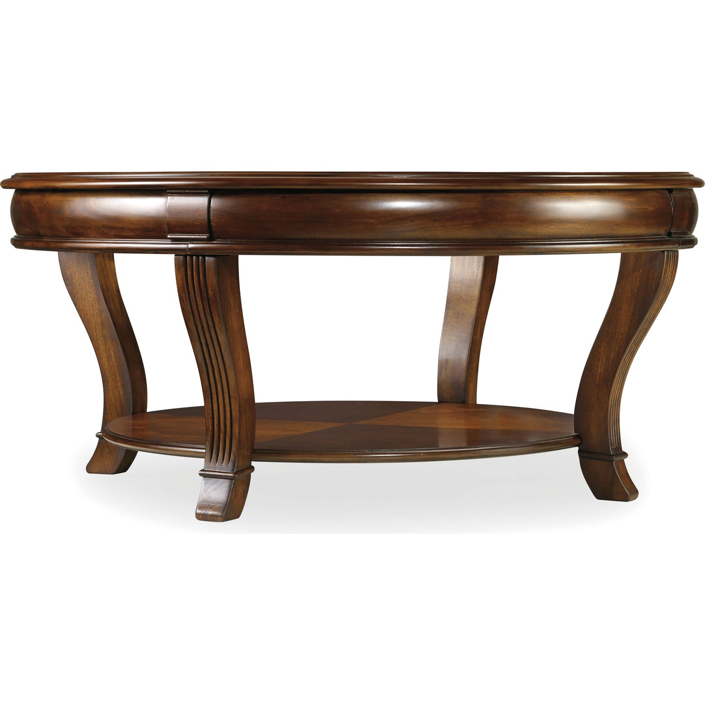 001 SI-1748489 | Primary Silo | Brookhaven Round Cocktail Table by Hooker Furniture in cherry. Made from cherry veneers, glass in a traditional style.