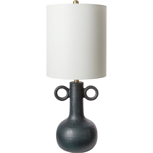 Brava Table Lamp by Surya in mattepolished. Made from shade (outside): linen, shade (inside): polyester, body: ceramic, finial: metal, harp: metal in a modern style.