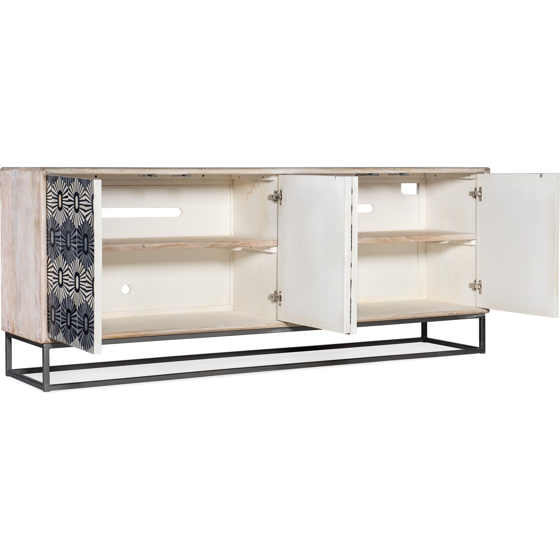 Melange Whitmore Four Door Credenza by Hooker Furniture in light wood. Made from mango wood with bone inlay, iron in a transitional style.