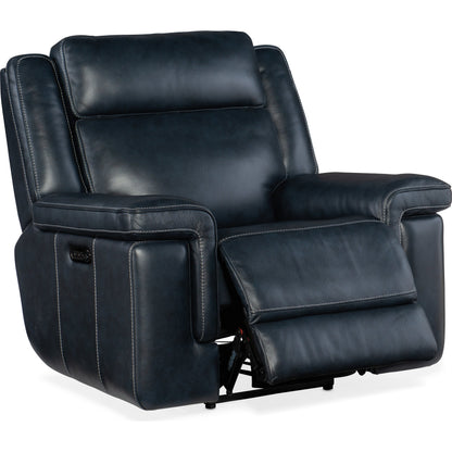Montel Lay Flat Power Recliner by Hooker Furniture in cosmos cobalt. Made from leather in a traditional style.