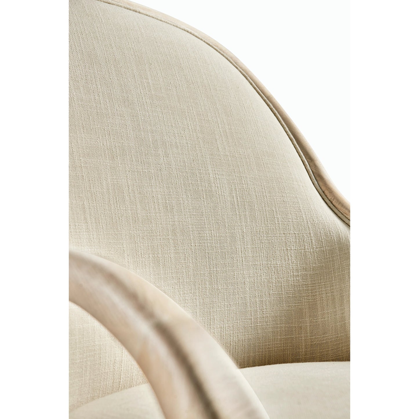 003 SI-2186257 | Closeup | Water Basin Dining Arm Chair by Jonathan Charles in whitewash oak. Made from oak, foam, fabric, grass cloth in a modern style.