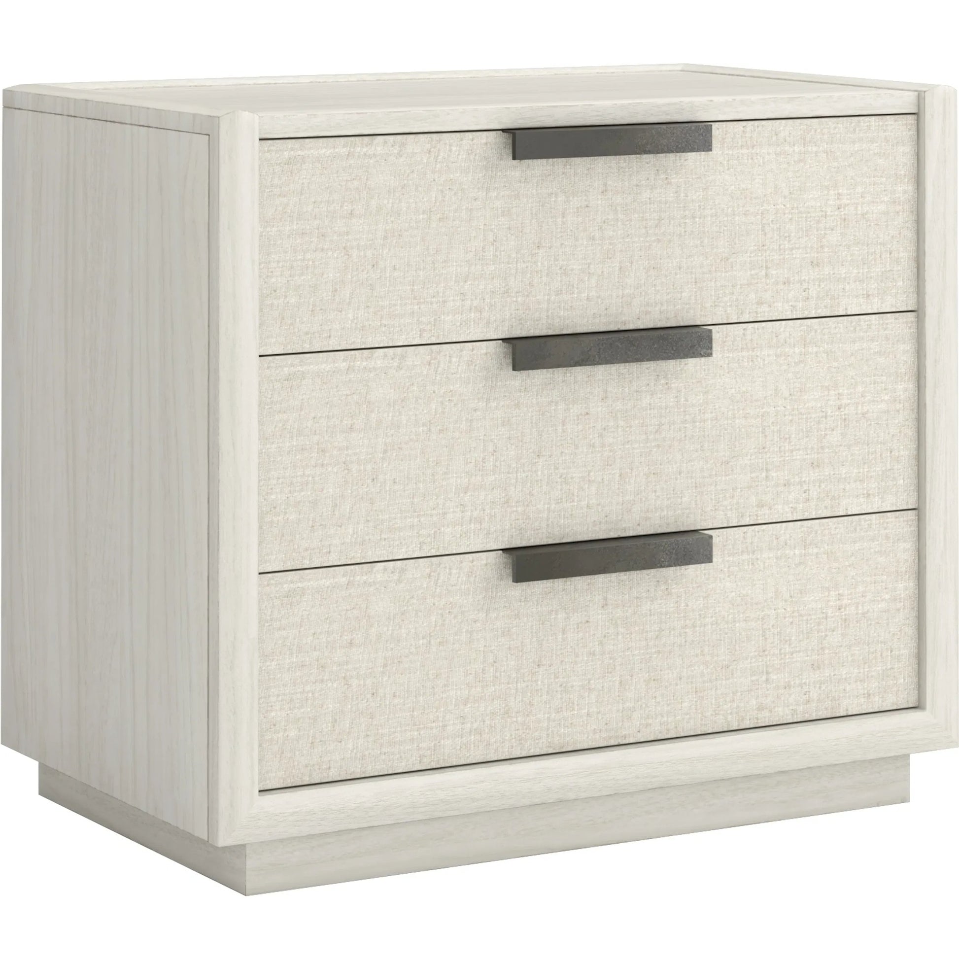 Cotiere Nightstand in Linen by A.R.T. Furniture in linen. Made from parawood solids, mixed split cathedral, quarter white oak veneers, fabric in a transitional style.
