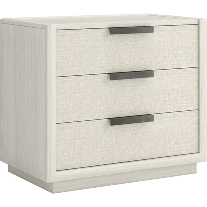 Cotiere Nightstand in Linen by A.R.T. Furniture in linen. Made from parawood solids, mixed split cathedral, quarter white oak veneers, fabric in a transitional style.