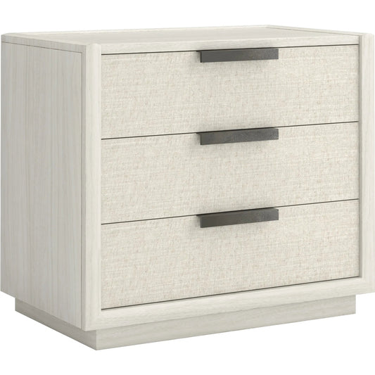 Cotiere Nightstand in Linen by A.R.T. Furniture in linen. Made from parawood solids, mixed split cathedral, quarter white oak veneers, fabric in a transitional style.