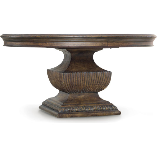 Rhapsody Dining Table by Hooker Furniture in rustic walnut. Made from pecan, hickory, ash, black walnut, maple veneers with resin in a traditional style.