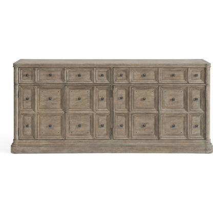 Reforma Credenza by A.R.T. Furniture in tapenade, gunmetal. Made from parawood solids, random match flaky oak veneers, metal in a traditional style.