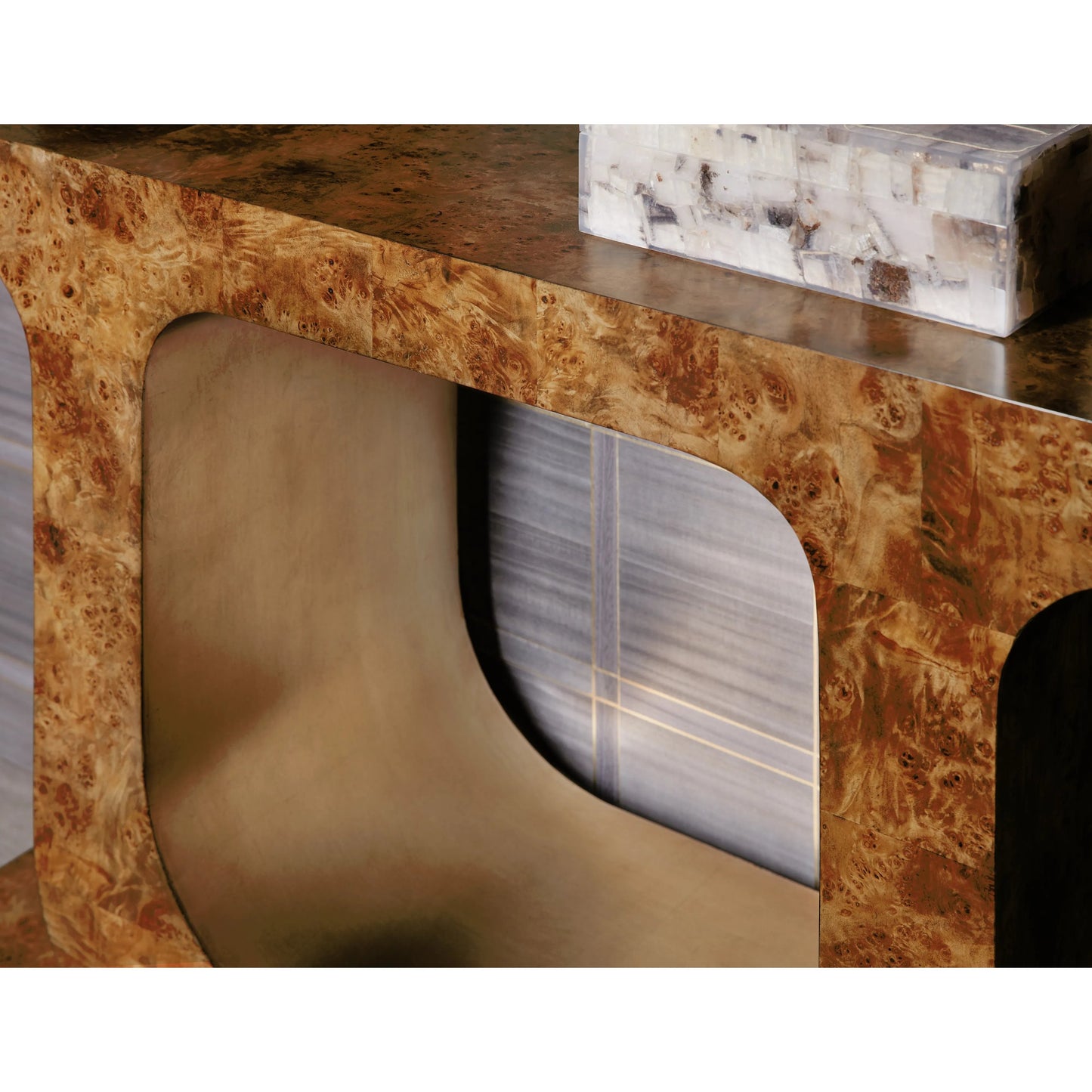 003 SI-2185709 | Closeup | Melange Burlesque Console Table by Hooker Furniture in medium wood and mappa burl veneers. Made from mappa burl veneer with silver leaf in a modern style.