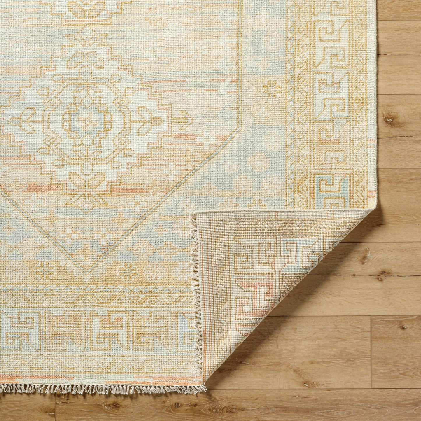 004 SI-1917467,SI-1917468,SI-1917469,SI-1917470,SI-1917471,SI-1917472 | Closeup | Bunyan BYN-2300 Rug by Surya in light beige, dusty pink, pale blue, mustard. Made from main: 70% wool, main: 30% viscose in a unique style.