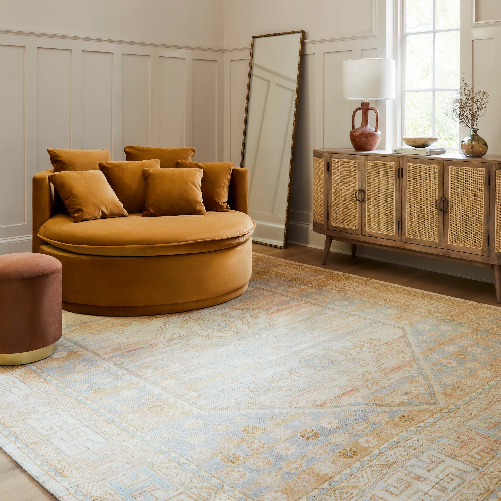 Bunyan BYN-2300 Rug by Surya in light beige, dusty pink, pale blue, mustard. Made from main: 70% wool, main: 30% viscose in a unique style.