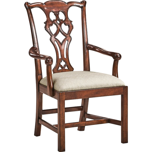 Buckingham Chippendale Antique Mahogany Arm Chair by Jonathan Charles in skipper and medium antique mahogany. Made from acacia, fabric in a unique style.