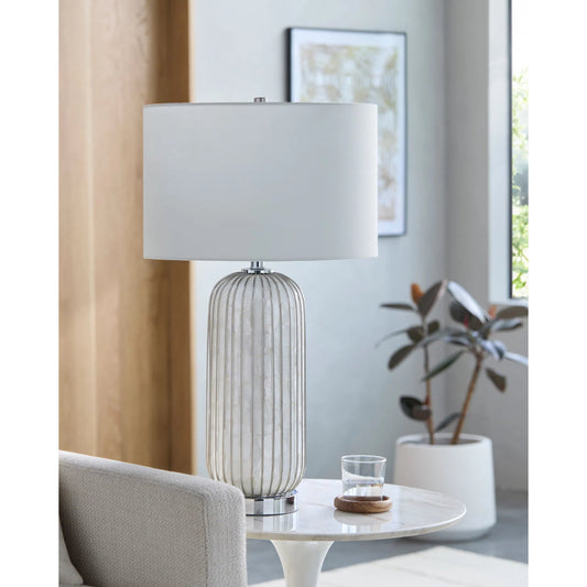 Baiyun Accent Table Lamp by Livabliss in body: white; base: metallic - silver; shade: white; finial: metallic - silver; harp: metallic - nickel; cord: translucent and plated, high, brushed, gloss. Made from shell, iron, linen, 