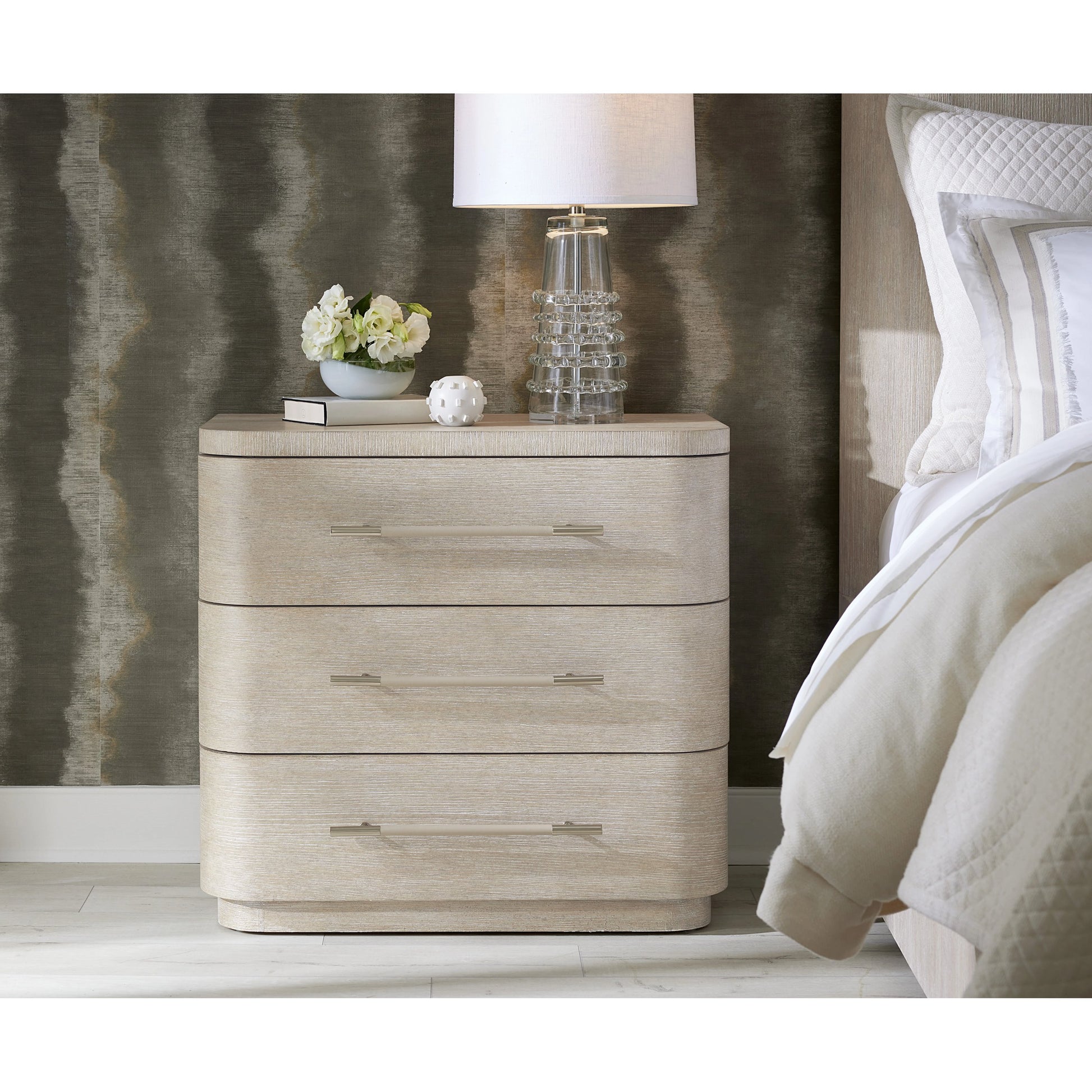Modern Mood Three Drawer Nightstand by Hooker Furniture. Made from oak veneers in a modern style.
