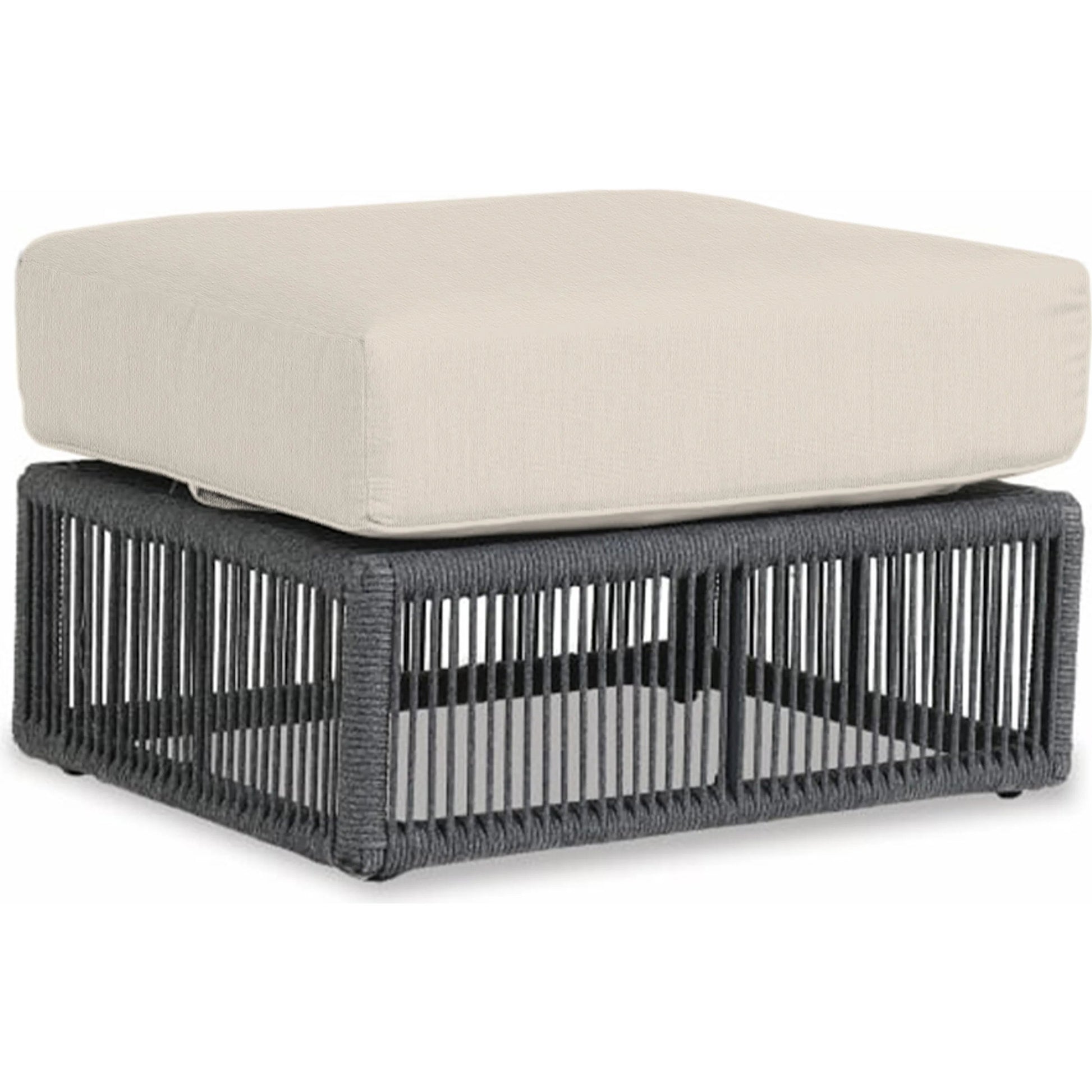 Milano Outdoor Ottoman by Sunset West in slate. Made from olefin rope in a coastal style.
