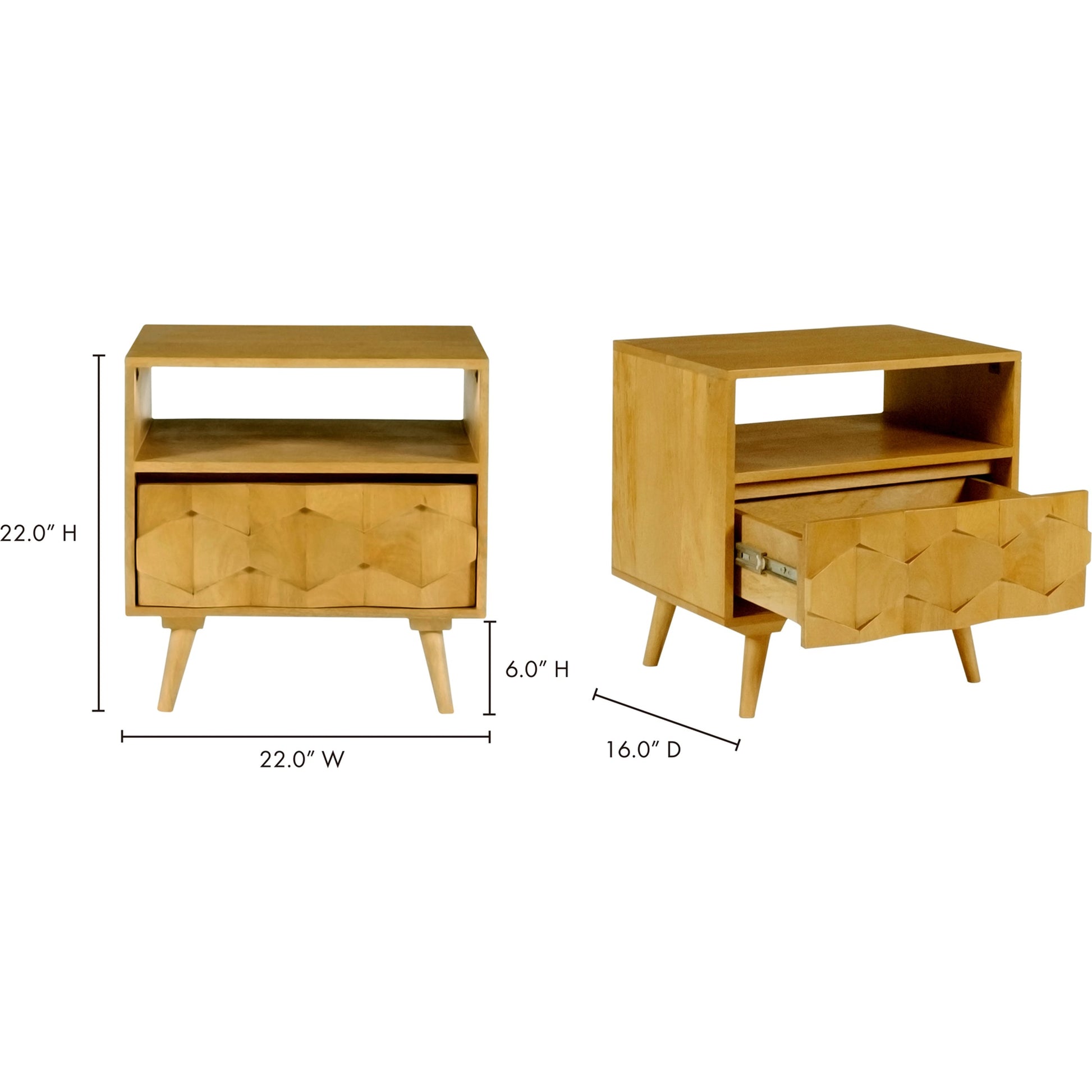 O2 Nightstand by Moe's Home Collection in natural. Made from sheesham wood, iron allen bolts in a modern style.