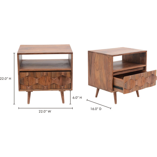 O2 Nightstand by Moe's Home Collection in natural. Made from sheesham wood, iron allen bolts in a modern style.