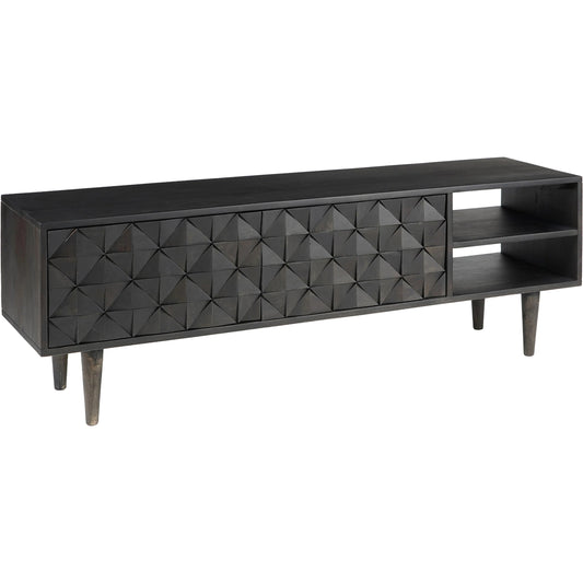 Pablo Entertainment Unit by Moe's Home Collection in black. Made from solid sheesham, carved sheesham wood doors on mdf in a modern style.