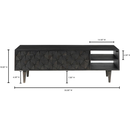Pablo Entertainment Unit by Moe's Home Collection in black. Made from solid sheesham, carved sheesham wood doors on mdf in a modern style.