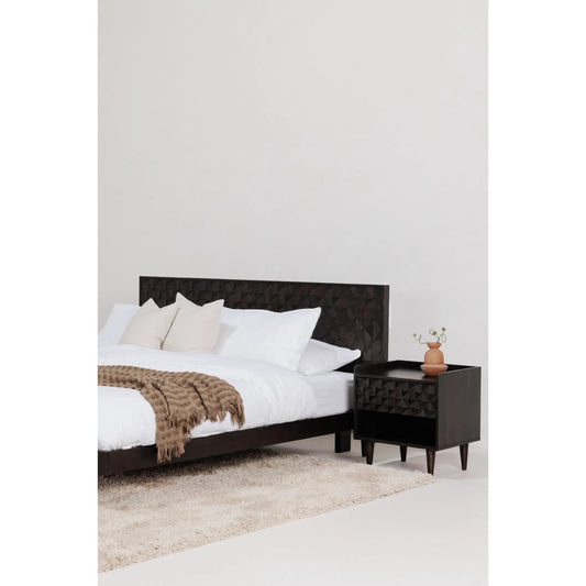 Pablo Bed by Moe's Home Collection. Made from solid sheesham, carved sheesham wood headboard on mdf, acacia wood slats in a unique style.