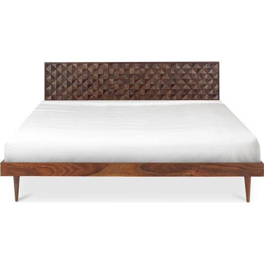 Pablo Bed by Moe's Home Collection. Made from solid sheesham, carved sheesham wood headboard on mdf, acacia wood slats in a unique style.