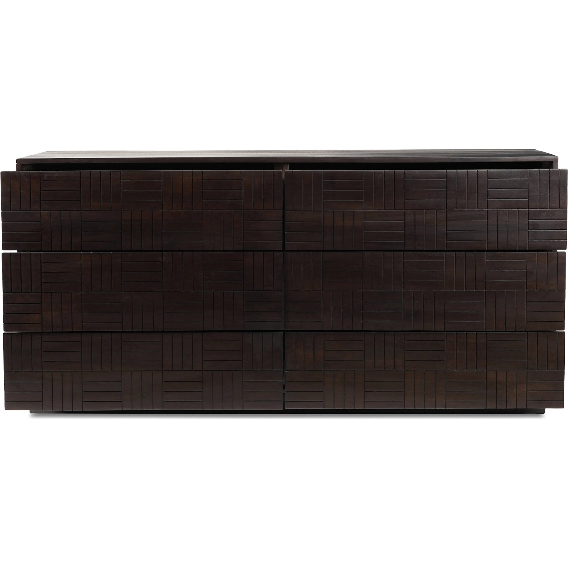 Denman 6 Drawer Dresser by Moe's Home Collection in dark brown. Made from solid mango wood, mdf back, drawer bottom in a unique style.