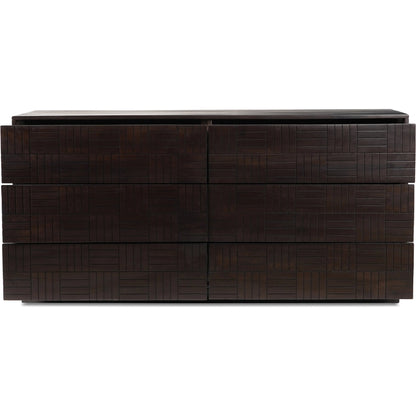 Denman 6 Drawer Dresser by Moe's Home Collection in dark brown. Made from solid mango wood, mdf back, drawer bottom in a unique style.