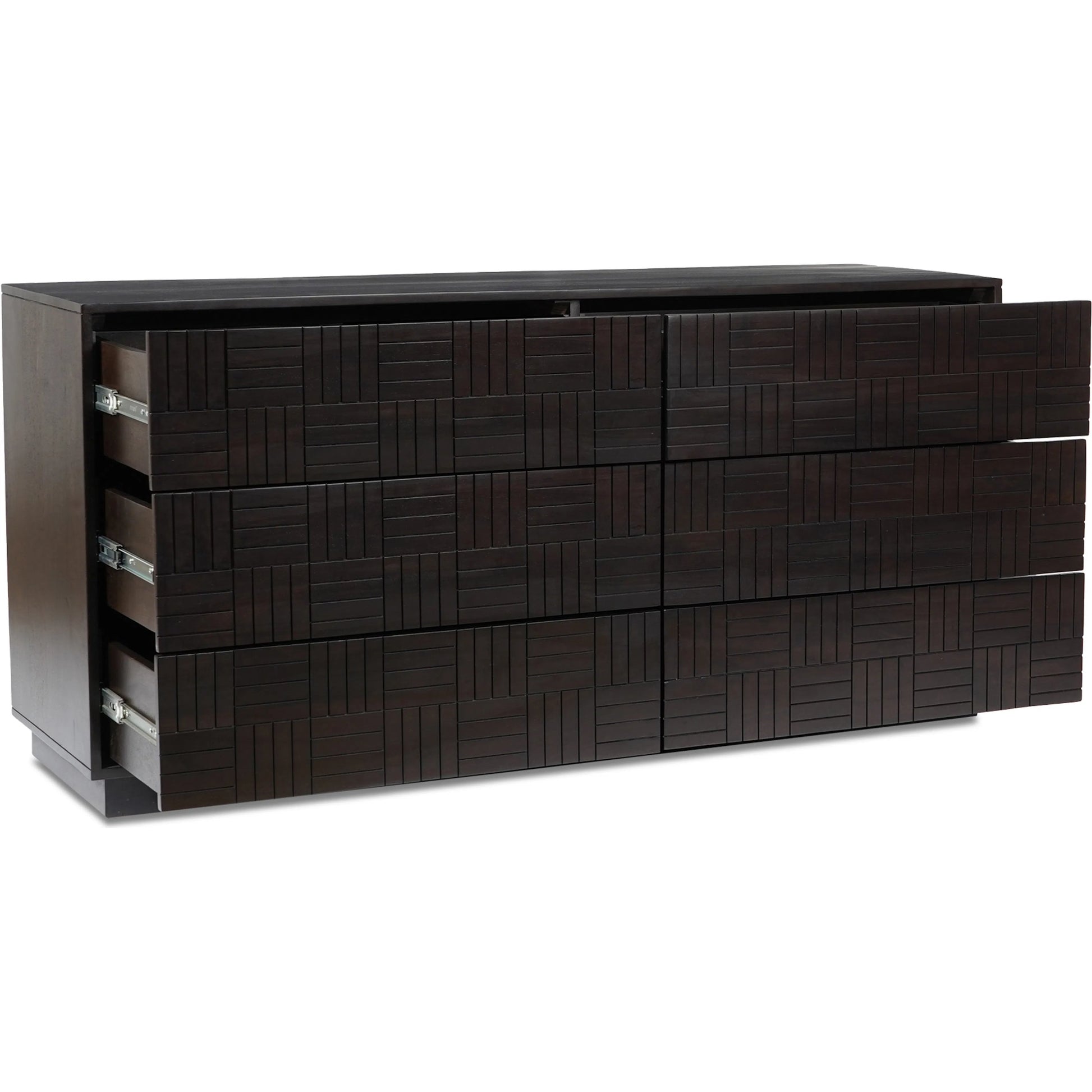 Denman 6 Drawer Dresser by Moe's Home Collection in dark brown. Made from solid mango wood, mdf back, drawer bottom in a unique style.