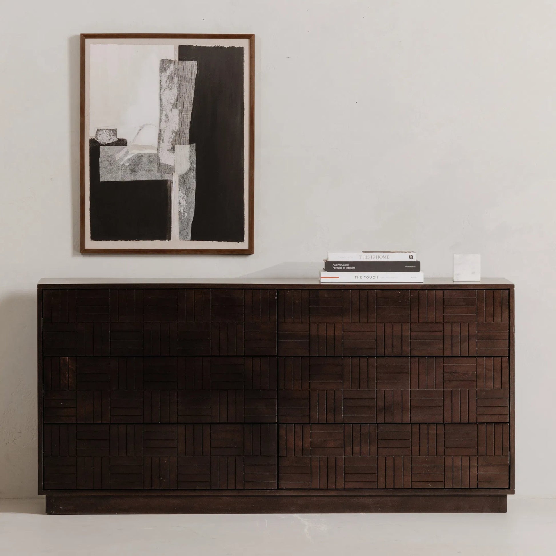 Denman 6 Drawer Dresser by Moe's Home Collection in dark brown. Made from solid mango wood, mdf back, drawer bottom in a unique style.