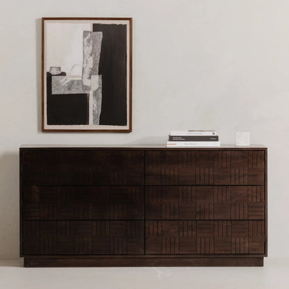 Denman 6 Drawer Dresser by Moe's Home Collection in dark brown. Made from solid mango wood, mdf back, drawer bottom in a unique style.
