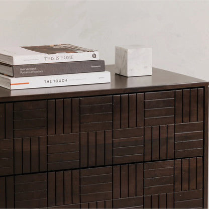 Denman 6 Drawer Dresser by Moe's Home Collection in dark brown. Made from solid mango wood, mdf back, drawer bottom in a unique style.