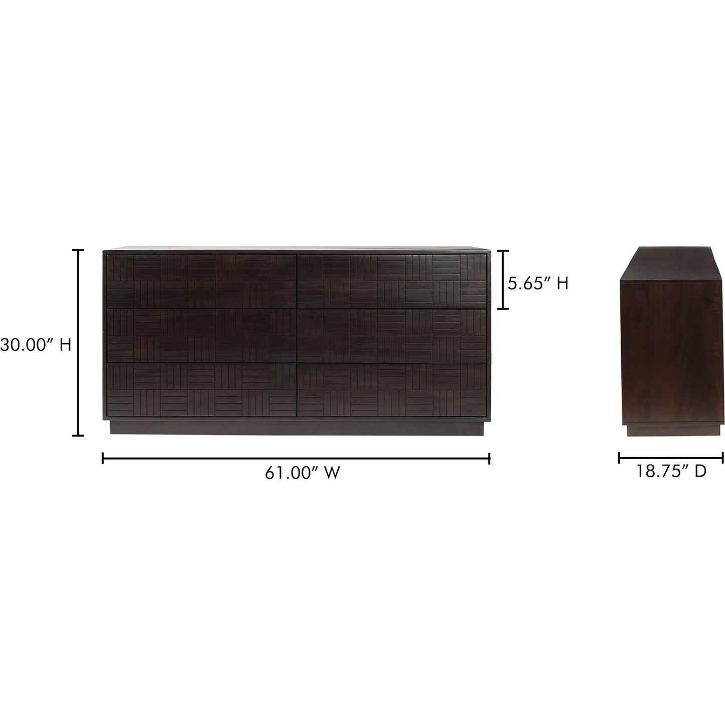 009 SI-2253675 | Lifestyle | Denman 6 Drawer Dresser by Moe's Home Collection in dark brown. Made from solid mango wood, mdf back, drawer bottom in a unique style.