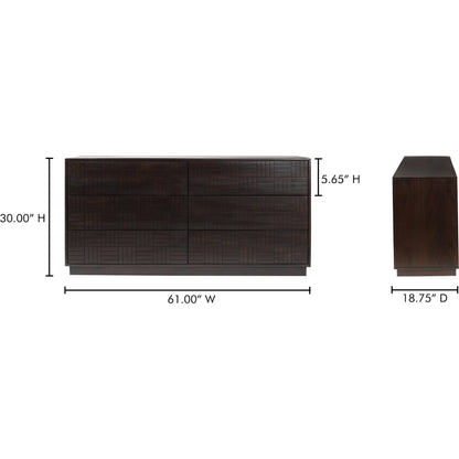 Denman 6 Drawer Dresser by Moe's Home Collection in dark brown. Made from solid mango wood, mdf back, drawer bottom in a unique style.