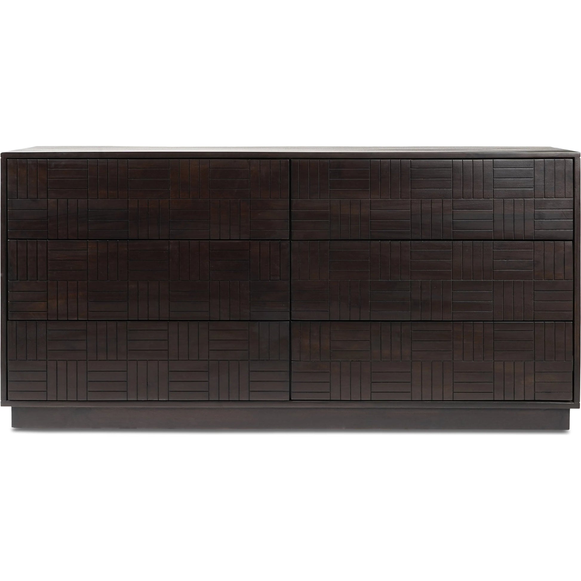 Denman 6 Drawer Dresser by Moe's Home Collection in dark brown. Made from solid mango wood, mdf back, drawer bottom in a unique style.