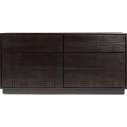Denman 6 Drawer Dresser by Moe's Home Collection in dark brown. Made from solid mango wood, mdf back, drawer bottom in a unique style.