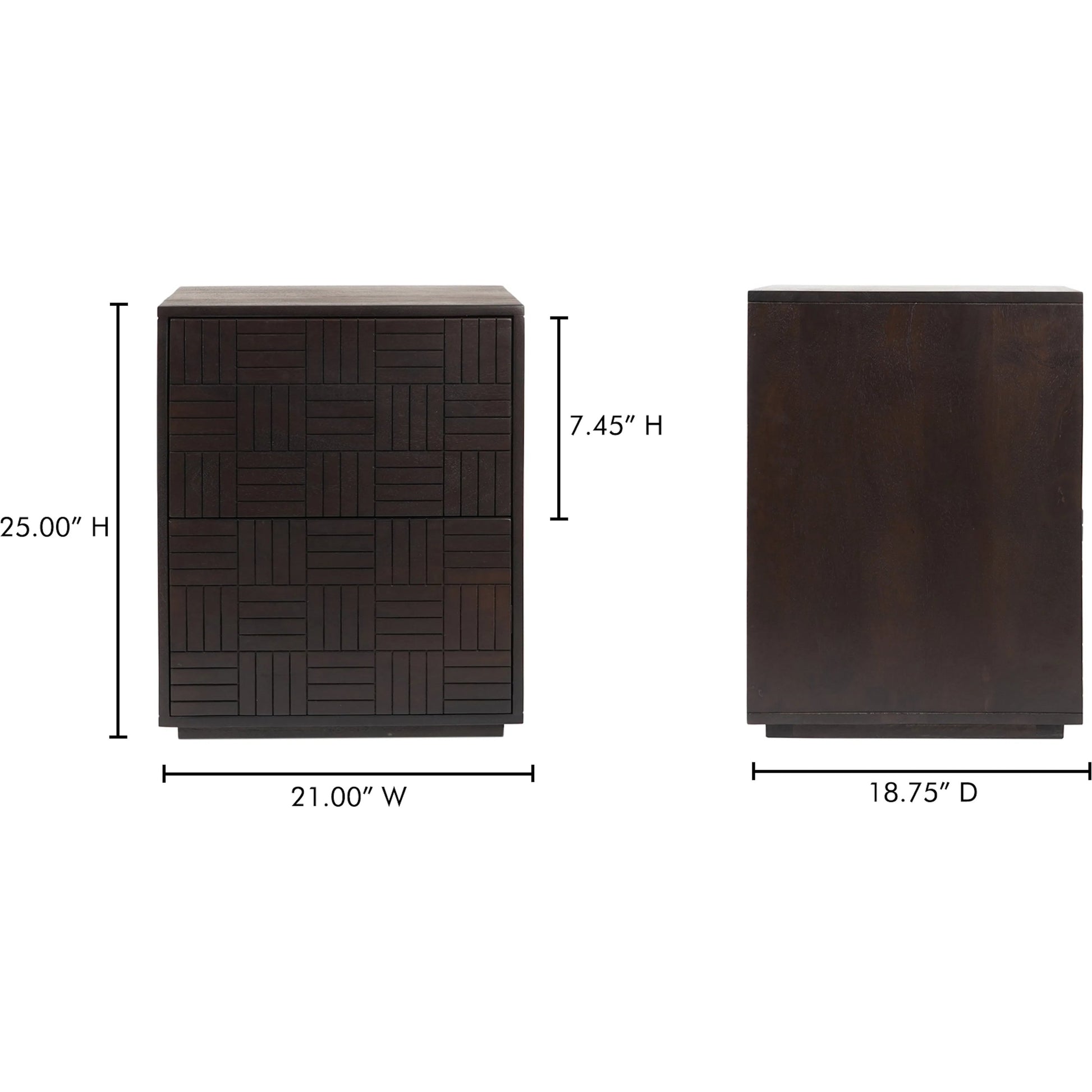 Denman Nightstand by Moe's Home Collection in dark brown. Made from solid mango wood, mdf back, drawer bottom in a traditional style.