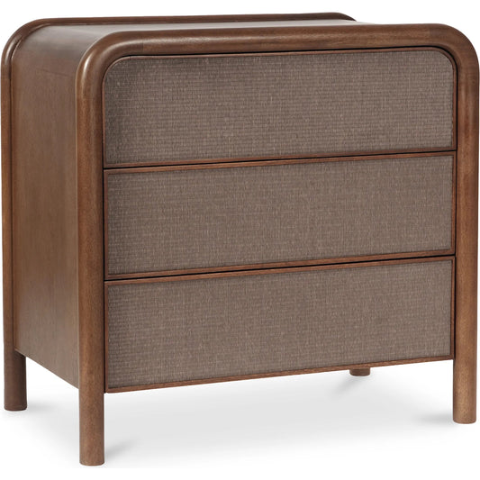 Rye 3 Drawer Nightstand by Moe's Home Collection in warm brown. Made from solid mango wood frame, tatami, mat drawer fronts, wood, mdf drawer boxes in a unique style.