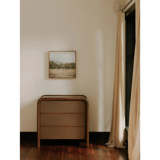 Rye 3 Drawer Nightstand by Moe's Home Collection in warm brown. Made from solid mango wood frame, tatami, mat drawer fronts, wood, mdf drawer boxes in a unique style.
