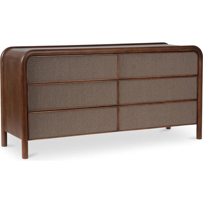 Rye 6 Drawer Dresser by Moe's Home Collection in warm brown. Made from solid mango wood frame, tatami-mat drawer fronts, wood, mdf drawer boxes in a traditional style.