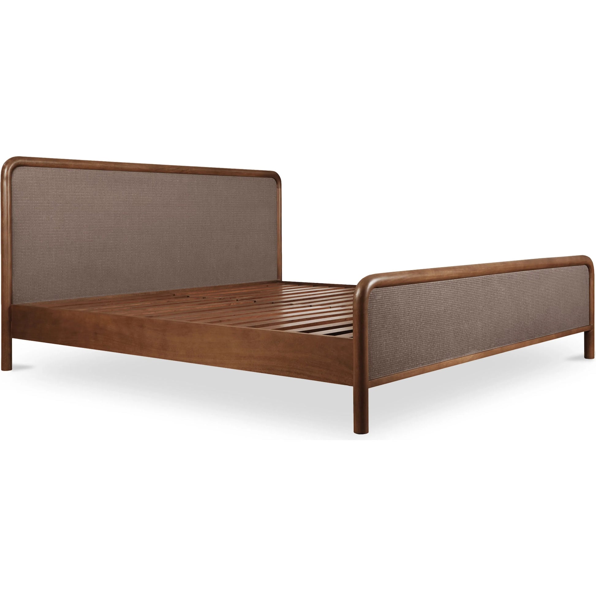 Rye Bed by Moe's Home Collection in warm brown. Made from solid mango wood frame, tatami mat over mdf headboard, footboard, wood slats in a traditional style.